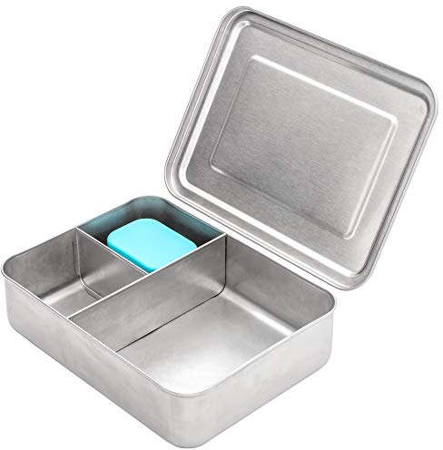 WeeSprout 18/8 Edelstahl Bento-Box (groß) – 3 Fächer, Metall-Lunchbox, für Kinder und Erwachsene, Bonus-Dip-Behälter, passt in Mittag- und Arbeitstaschen, spülmaschinen- und gefriergeeignet