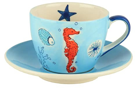 Mila Keramik Cappuccino-Tasse ca. 200ml mit Untere Save the Ocean maritime Kaffee- und Tee-Tasse mit Unterteller Bistro-Tasse mit Meer-Motiven wie Seestern Seepferd Koralle Krabbe Krebs