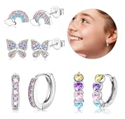 Adramata 4 Paare Silber 925 Ohrringe für Kinder, Mädchen, Damen - Hypoallergene Schmetterling Herz Knorpel Creolen Ohrstecker Set - Geschenk für Frauen