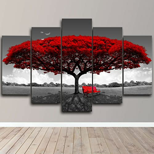 WAGYU Mit Rahmen Leinwandbild 5 TLG Kunstdruck,Bilder auf Leinwand 5 TLG Vlies Wandbild Rotes großes Baum-Naturplakat,Leinwand Gemälde XXL,Tapete,Puzzle,leinwanddrucke,5 Stücke Bilder,125x60cm