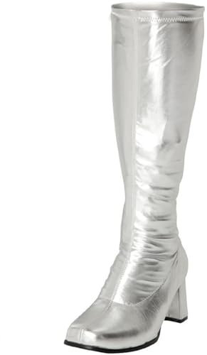 AYZAL Stivali da donna in stile anni '60 e '70, altezza al ginocchio, stivali retrò con tacco a blocco, stivali da ragazza, Argento, 39 EU