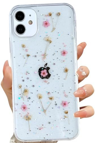 LSEEKA for iPhone 11 Clear Case with Pressed Real Flowers Design,Glitter Cute Pink Floral Pattern Slim Soft TPU Protective Women Girl's Phone Cover for iPhone 11