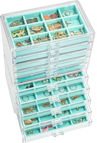 Procase Boîte à Bijoux Transparente, 10 Plateaux Bijoux Tiroir, avec Séparateurs Amovibles, Rangement Bijoux Tiroir Acrylique, Range Boucles d’Oreille Bagues Colliers Bracelets -Bleu Brillant