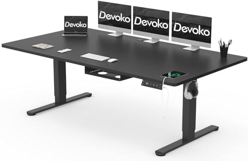 Devoko Höhenverstellbarer Schreibtisch 200x80cm mit Typ-C Ladeanschluss, Schreibtisch Höhenverstellbar Elektrisch, Mobiler Elektrisch Computertisch mit Kabel Management Tray, Schwarz
