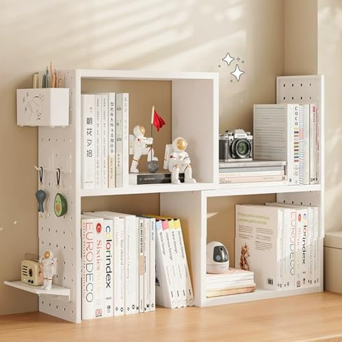 Desktop-Bücherregal Tischregale, Holz Regal Ständer Aufbewahrungsorganisator, Erweiterbar Display Regal Rack,Schreibtischregal for Home Office Schule (Weiß)