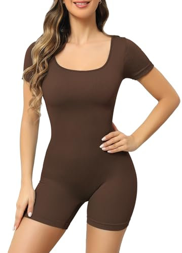 Lulu Shark Kurzärmeliger Damen-Strampler, Catsuit, nahtlos, gerippt, Yoga, Fitness, Workout, lässig, figurbetont, kurz, Braun, Medium