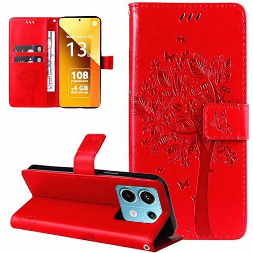 Dcjlbo Hülle für Xiaomi Redmi Note 13 5G Handyhülle mit Kartenfach Motiv Muster Blumen Hülle Leder Klappbar Klapphülle Cover Flip Case Handytasche Magnet Schutzhülle für Xiaomi Redmi Note 13 5G-Rot
