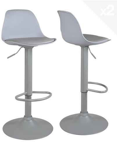 KAYELLES Lot de 2 tabourets de Bar Gris Design Coussin Simili Cuir rembourré, Repose Pied, réglable en Hauteur et pivotant 360° SIG (Gris intégral)