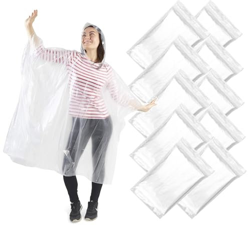 Traxenta Lot 10 cape de pluie Adulte Unisexe, poncho Pliables et Portable avec capuche, imperméable pour festivals, concerts, randonnées, poncho randonnée pour vélo, camping, extérieur(Transparent)