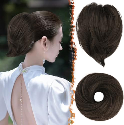 BARSDAR Gerades Braun Haarknoten Extensions, Kurzes Gerades Pferdeschwanz Dutt Haarverlängerungen Gummiband Dutt Synthetisches Haar Scrunchie Haarteil für Damen Mädchen (Dunkel Braun Gemischt)