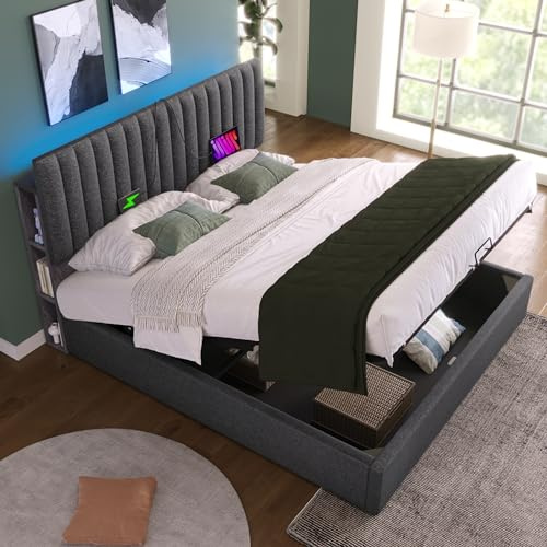 LATICO Polsterbett Doppelbett 160x200 mit Stauraum Unterbett, LED-Kopfteil mit Regal und USB/TypC-Buchse, Bettgestell mit Lattenrost, Rückenlehne Jugendbett Stauraumbett, Ohne Matratze, Leinen Grau