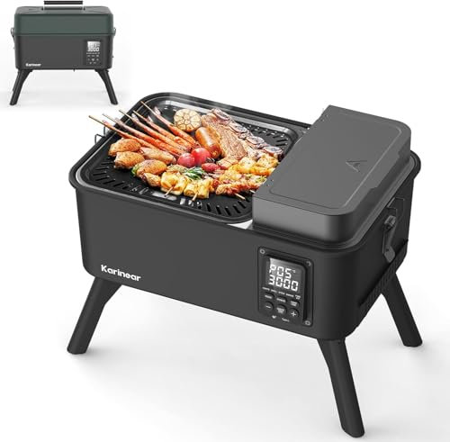 Karinear Barbecue Grill Outdoor, Pellet Fuel Electric Outdoor BBQ, Portable Handheld Smoker for Pellets, Grill, Roast and Fondue, Folding Stands (Power bank required) for Camping Barbecue