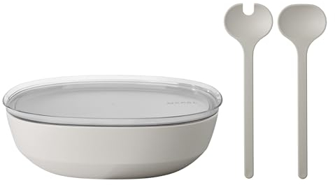 Mepal – Salat-Set Silueta – Servierschale mit Deckel (4000 ml) mit Salatbesteck (28,5 cm) – Outdoor-Serviergeschirr – Spülmaschinen- und mikrowellenfest – Kunststoff (PP, SAN, TPE) – Nordic White