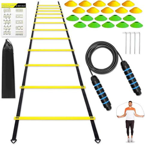 BENSAD®️ Set Entrenamiento Futbol Escalera de Agilidad + 20 Conos Entrenamiento + Comba de Saltar + Guia de Ejercicios + Bolsa de Almacenamiento | Kit Entrenamiento Futbol Niños y Adultos