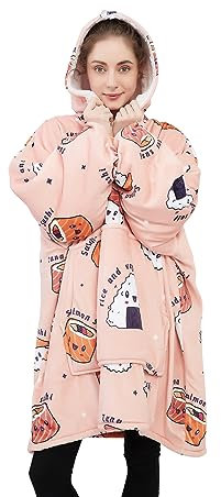 Tospass Hoodie Decke mit Ärmeln, Decken Hoodie Damen mit Kapuze Riesentaschen, Kawaii Ultraweich Sherpa Decke mit Katze Hund Panda Sushi Pizza Taco, Geschenke für Frauen