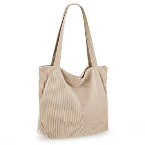 VOSSOT Cord Tasche Damen Umhängetasche mit Reißverschluss Shopper Damen Große Tote Bag Crossbody Schultertasche Handtasche für Arbeit Büro Reise Einkauf Schule und Alltag, Beige