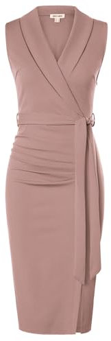 GRACE KARIN Robe Fourreau Femme sans Manches Col Châle Mi-Mollet avec Ceinture Amovible et Fente Élégante Rose 38