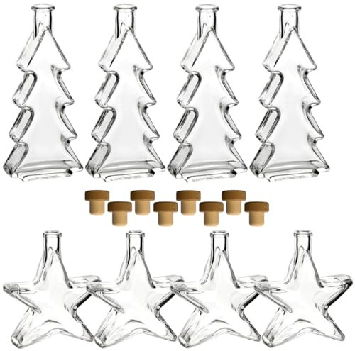 gouveo 8er Set Glasflasche 200 ml Stern und Tanne mit Korken (HGK) - Stern-Flasche und Tannen-Flasche zum Befüllen - Weihnachtsflaschen zum Dekorieren und Verschenken (ST200HGK)