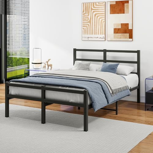 HAHRIR Double Bed Frame with Headboard, 135x190cm Double Size Bed Frame with Metal Platform, Heavy Duty Steel Support, 4ft6 Bed Frames with Storage-Enhanced Support,Mattress Foundation, Black