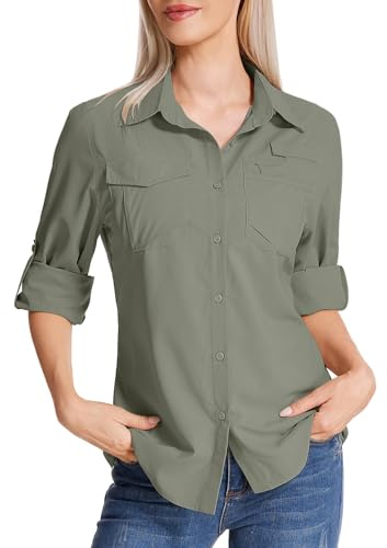 Faysfad Women's Safari Shirt UPF 50 UV Sun Protection Quick Dry Shirts Long Sleeve Hiking Walking Fishing Outdoor Travel(5081,Grey Green,M)