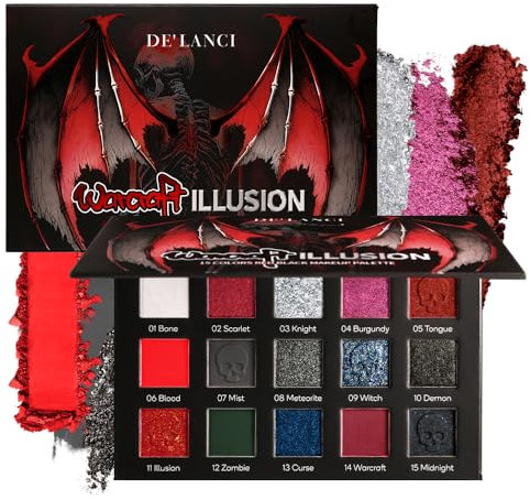 DE'LANCI Rot-Schwarze Lidschatten Palette,15 Farben Rote Eye shadow für Goth-Make-up,Grau Silberne Schimmer Glitzer Lidschatten, Burgunder Red Eyeshadow für Halloween Vampir Clown Make-up, Vegan