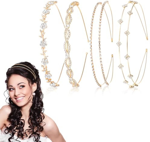 4 Pcs Gold Rhinestone Headbands for Women, Flower Leaf Tiara Crown Head Band Wedding Hair Accessories for Women Girls (Style C, One Size)