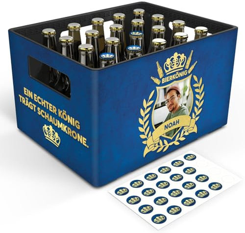 GRAVURZEILE Bierkasten-Banderole - Bierkönig - Personalisiert mit Name & Foto - Geschenk für Männer zum Vatertag & Geburtstag - Inkl. 24 Deckelaufkleber - Passend für 20er Bierkasten - Farbe: Blau