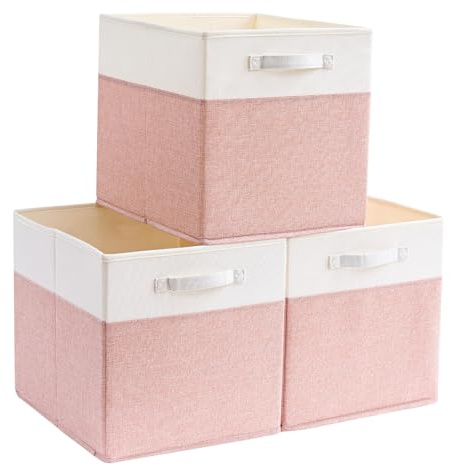 Mangata Cube Storage Boxes 25x25x25 cm, Fabric Storage Cube Baskets for Clothes Bins, Baskets, Chests,Toys (Pink/Cream White, 3Pcs)