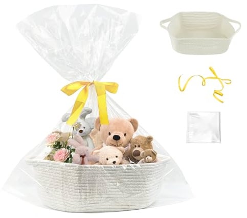 fuxunamz Geschenkkorb Leer Präsentkorb Leer Baumwollseilweberei, Korb Für Geschenke Mit Geschenktüten Und Bändern, Korb Geschenk Für Babyparty, Geburtstag, Hochzeit, Ostern, Erntedank, Weihnachten