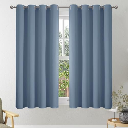 VEHEDE Blackout Curtains 54 Inch Drop, Eyelet Thermal Insulated Short Curtain for Bedroom, Soft Small Living Room Window Curtains & Drapes, W46 x L54 Inch, Stone Blue, 2 Panels