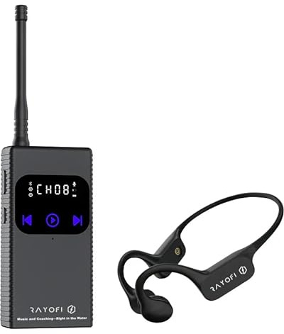 Rayofi Knochenschall-Kopfhörer zum Schwimmen mit T6 Funk-Sender, Bluetooth 5.4, IPX68 wasserdicht, Open-Ear Sport-Headset, 100 m Reichweite für Coaching & Musik-Streaming, Schwarz