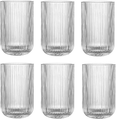 6er-Set Geriffelte Trinkgläser und Weingläser, Line, Linie Geriffelt, Ribbed, Glas, Longdrinkgläser, Cocktail Gläser mit Prägung, Trinkglas, Weinglas, Wasserglas (Klar Trinkglas)