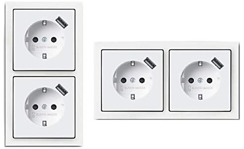Busch Jäger Komplettset, bestehend aus 2 x USB Steckdose 20 EUCBUSB-84 Future Linear Studioweiß Glänzend und 2fach-Rahmen