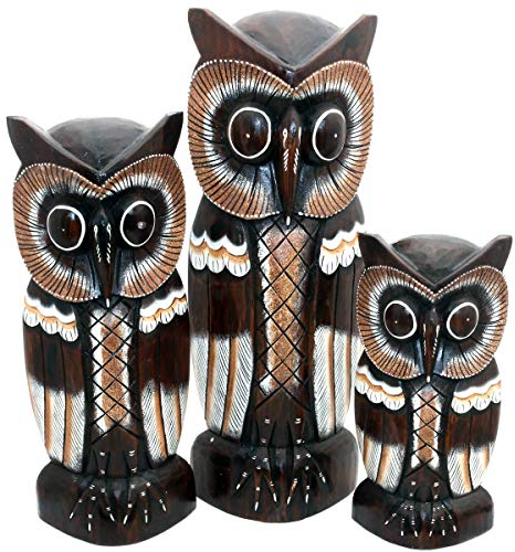 Gall&Zick Holz Figur Dekoration Eule Bali Deko Garten Wohnung Statue Tier Tiermotiv (Set/3)