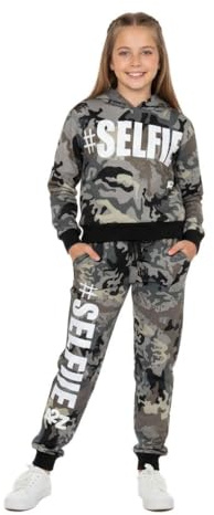 A2Z 4 Kids Girls Tracksuit Hoodie Sweatshirt Top Bottoms Comfortable - T.S Crop Selfie Camo Charcoal 9-10