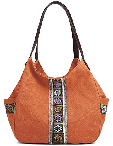 Worldlyda Damen Canvas Hobo börse Multi Pocket Tote Shopper Schultertasche Casual Top Handle Handtasche mit Stickerei Ethno