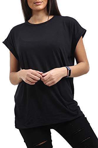 Fashion Star Women Short Turn Up Cap Sleeve Baggy Tshirt Top Black Plus Size (UK 20/22)