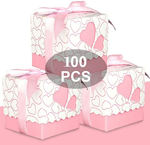 WADY Bonboniere Schachtel in Herzform für Konfekt, Tischkarten, Geschenk mit Satinband, 100 Stück, Rosa