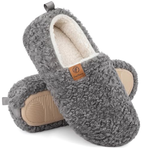 EverFoams Women’s Soft Curly Full Slippers Memory Foam Lightweight House Shoes Cozy Loafer with Polar Fleece Lining Grey,7-8 US