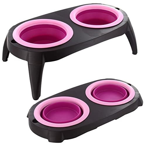 ADEPTNA Collapsible Pet Feeding Bowl Set with Foldable Tray- Easy to Clean and Anti-Slip Stand Great for Traveling Hiking Camping Home Indoor Outdoor (PURPLE)