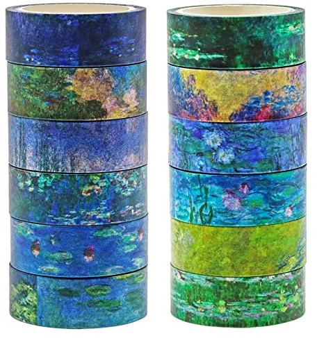 Berkin Arts Washi Tape Set 12 Rotoli Decorativo Giapponese Nastro Washi adesivo colorato Artigianato Carta, 15mm di Larghezza, per Scrapbooking Natalizio Claude Monet Stampa