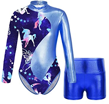 iEFiEL Mädchen Einhörner Turnanzug Langarm Glänzend Gymnastik Kleidung Set Muster Ballett Trikotanzug Tanzkostüme Langarmbody mit Shorts TA Blau Rückenfrei 134-140