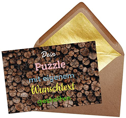 PR Print Royal Puzzle selbst gestalten mit Text - 24 Teile Puzzle Personalisieren mit Wunschtext, inkl. Briefumschlag mit Gold-Inlay | Hintergrund Holzstämme