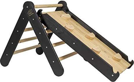 MEOWBABY Klettergerüst für Kinder - Indoor Kletterdreieck mit Rutsche, Montessori Spielgeräte Pikler aus Holz, Schwarz
