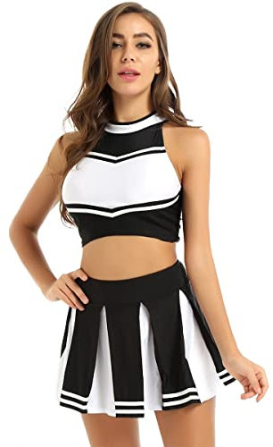 Damen Cheerleader Cosplay Kostüm Uniform Outfit Stehkragen Crop Top Mit Mini Falten Röcke Karneval Cheerleading Anzug (Color : Black1, Size : M)