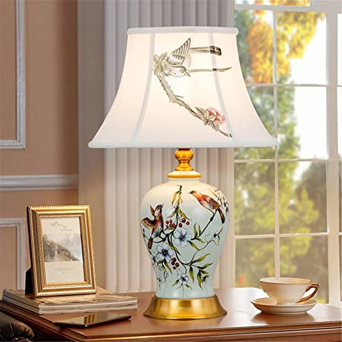 Mengjay Klassische Vintage Art Keramik Tischlampe, Vase-Like-Tuch Lesebuch-Licht Schreibtischlampe Porzellan-Antike Blumen verzierte Nacht Birne Beistelltisch Dresser Schlafzimmer/Wohnzimmer