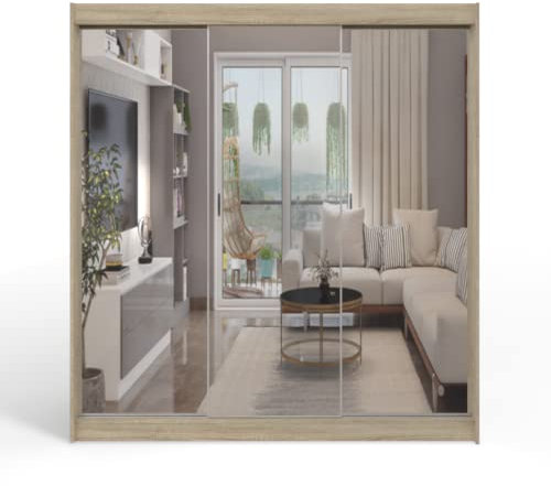 ML Furniture A3 Schiebetüren Kleiderschrank 250 cm mit Spiegel - Schlafzimmermöbel, Aufbewahrung - Mehrzweckschrank - Farbe: Sonoma - 3 Schiebetüren