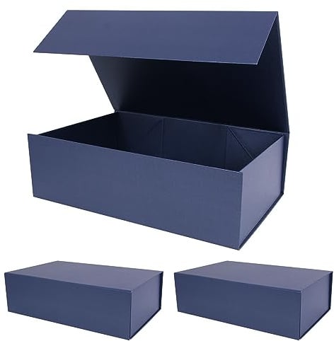 Aimyoo, dunkelblaue faltbare Geschenkbox mit Magnetverschluss, Deckel, 35 x 22,9 x 10,9 cm, groß, für Brautjungfern- und Trauzeugen-Geschenke, rechteckig, zur Aufbewahrung (3er-Pack) (GIFT BOX-NB-L3)