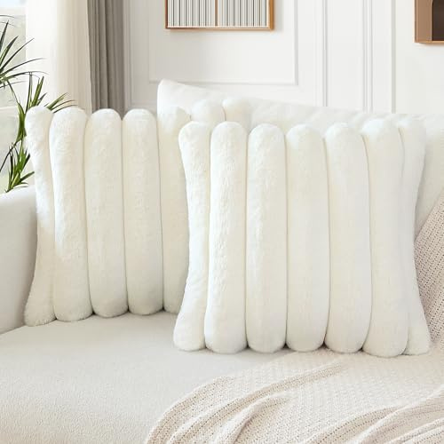 Soleebee 2er Set Plüsch Samt Kissenbezüge, Weiche Künstliche Pelz Kissenbezug Sofa Zierkissenbezüge Dekokissen Kissenhülle Set für Schlafzimmer Zuhause Couch Auto Dekor (50x50cm, Weiß)