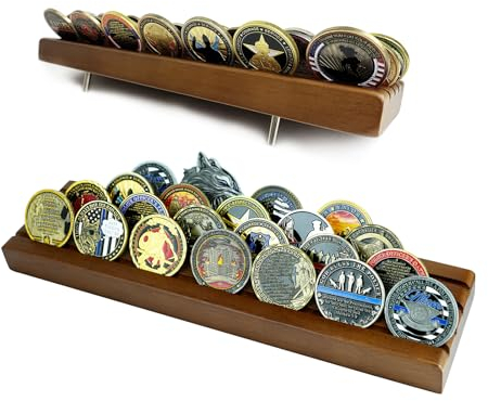 DecoWoodo Challenge Münzständer, 4-reihig, Militär-Münzhalter, für 30 Münzen, Walnussholz-Finish